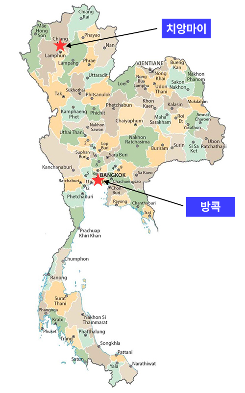 치앙마이와 방콕의 위치가 표시된 태국 지도
